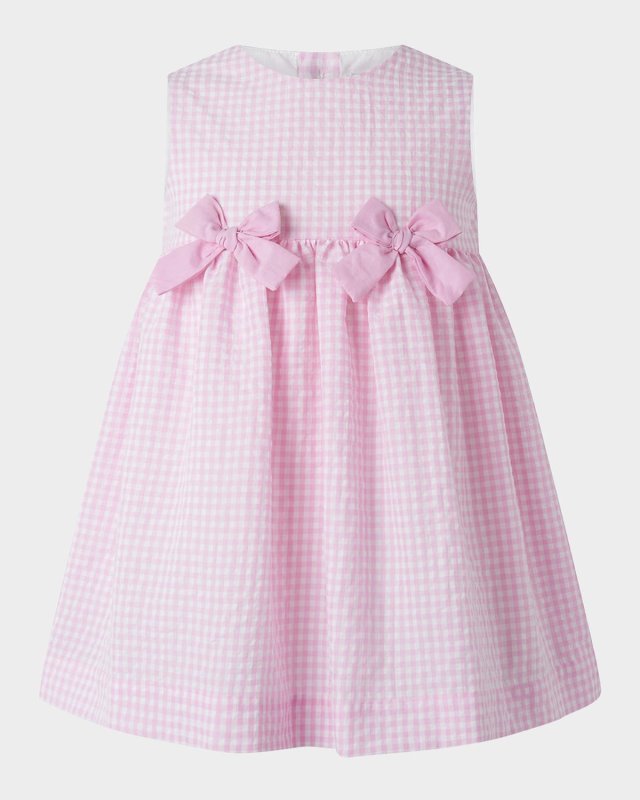 Girl's Gingham-Print Bow Dress W/ Bloomers, Size 6M-